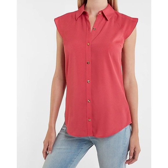 Express Tops - Express Womens Coral Pink Dobby Dot Sleeveless Button Down Shirt XS